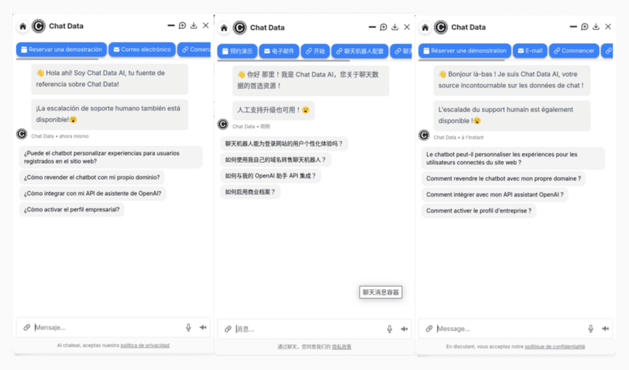 Chat Data internationalization example showing the chatbot in Spanish, Chinese, and French