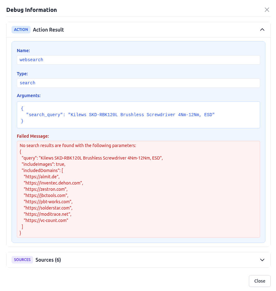 Debug information revealed showing context sources and AI actions