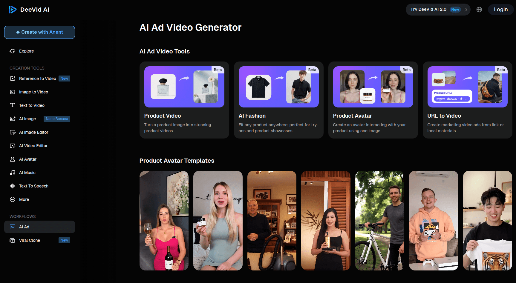 DeeVid AI ad video generator interface showing product video, AI fashion, product avatar, and URL-to-video tools