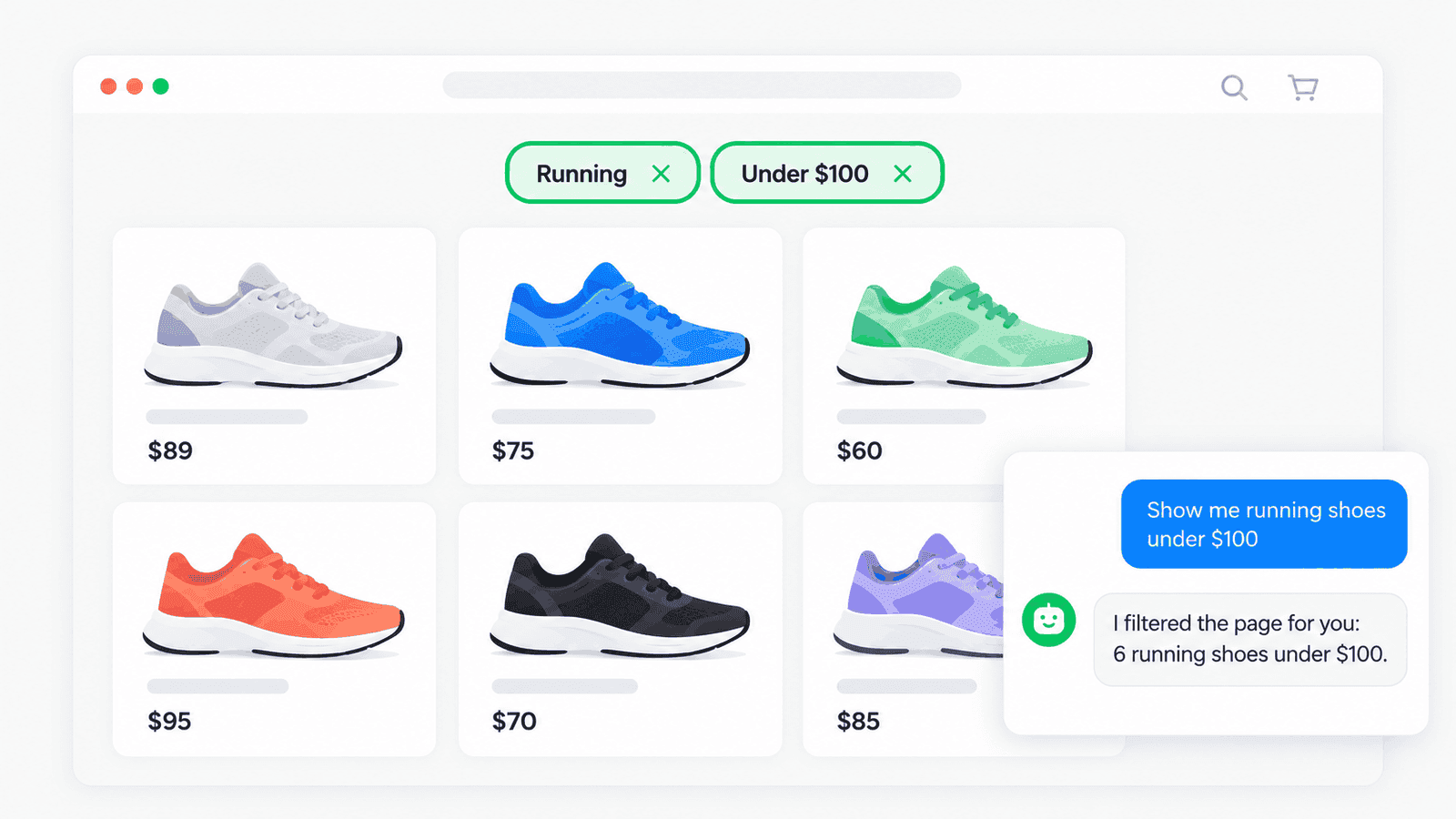 A visitor asks for running shoes under $100 and the chatbot applies the Running and Under $100 filters on the store page