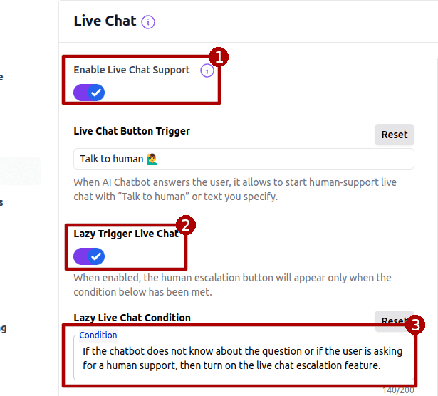 Lazy Live Chat Settings