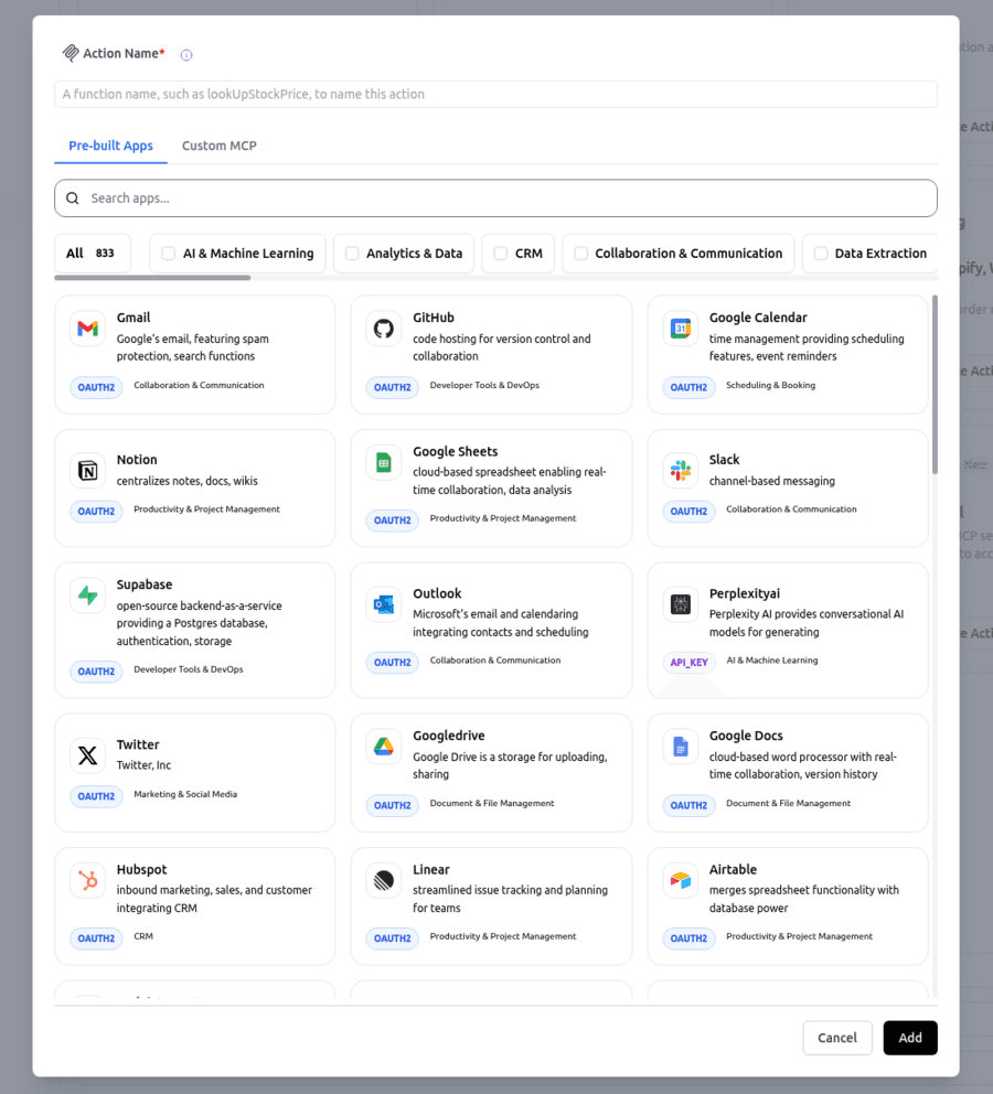 MCP integration apps panel showing available apps and categories