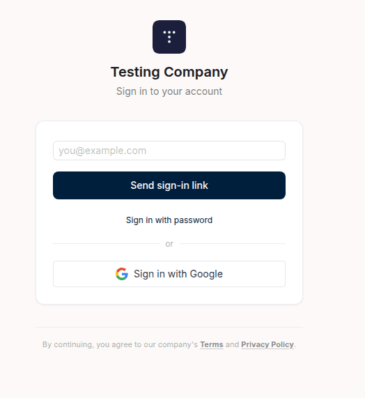 Branded portal login page showing company logo, magic link form, password option, and Google sign-in with footer