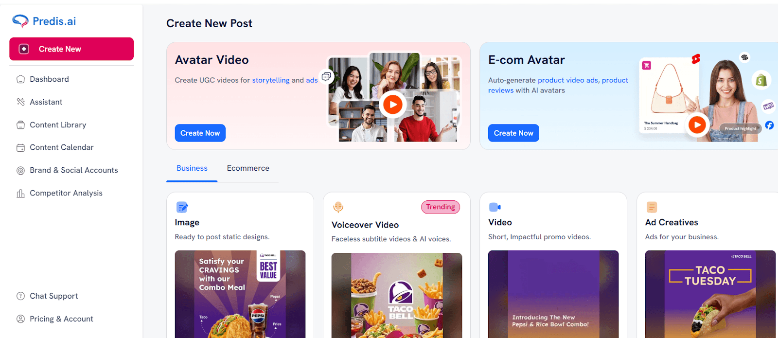 Predis.ai AI ad generator interface for multi-format social media advertising