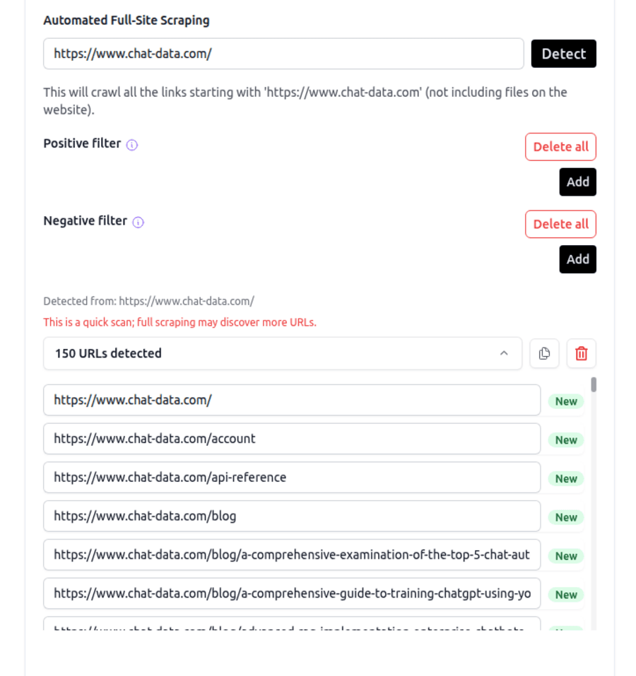 Quick URL estimate showing initial list of website URLs