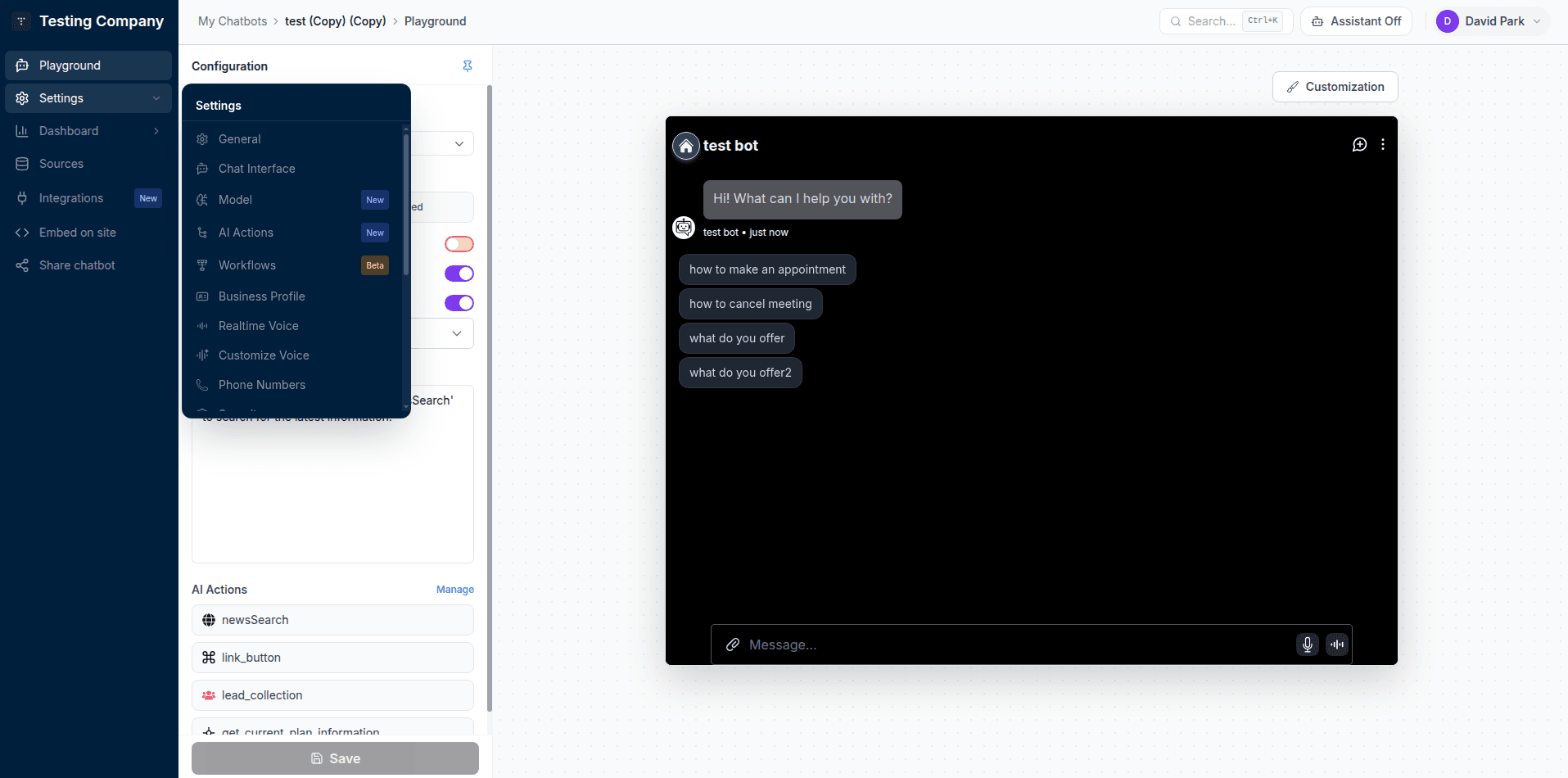 Sub-user chatbot settings page showing full configuration sidebar and chat playground
