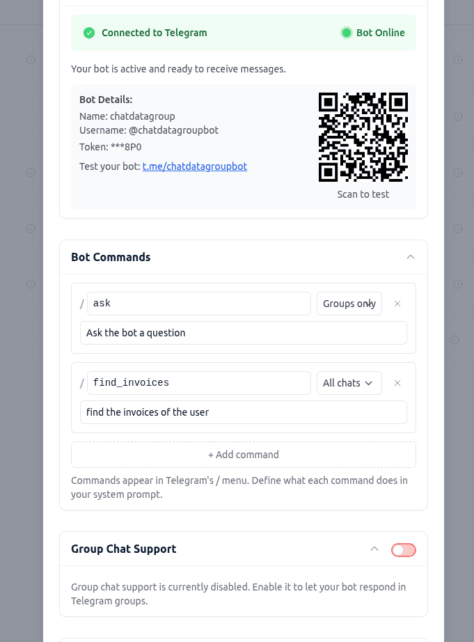 Telegram Bot Commands panel showing slash command configuration with per-scope visibility
