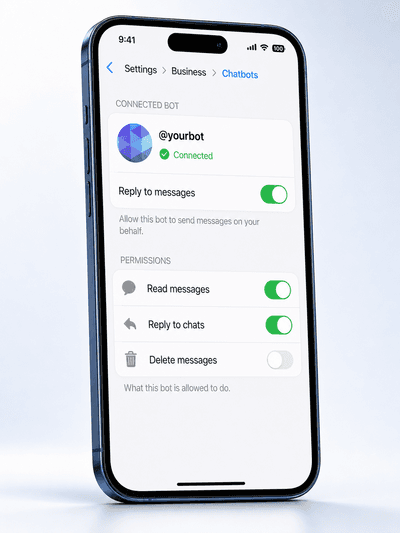 Telegram's Settings → Business → Chatbots screen showing a connected bot with Reply to messages enabled and the Permissions panel below