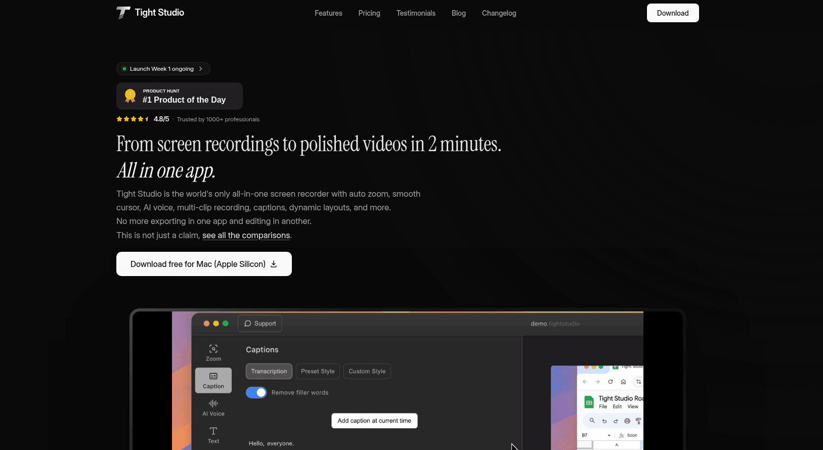 Tight Studio screen recording and AI video editing platform showcasing demo creation