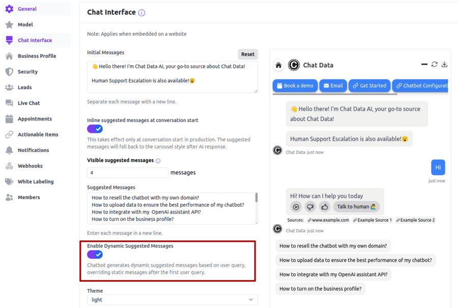 Turn on Dynamic Suggested Questions