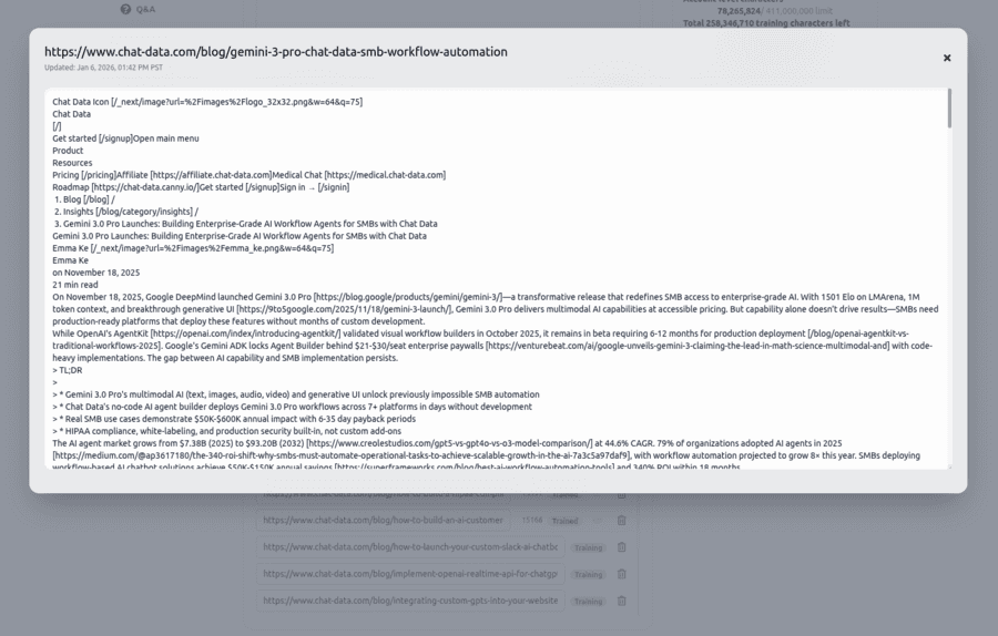 Post-training view of scraped content and failure reasons