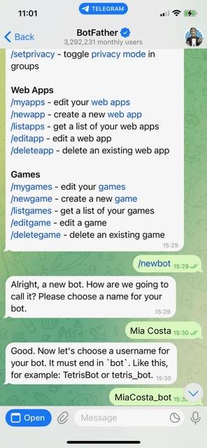 BotFather chat on a phone: the user sends /newbot, names the bot Mia Costa, and picks the username MiaCosta_bot ending in bot