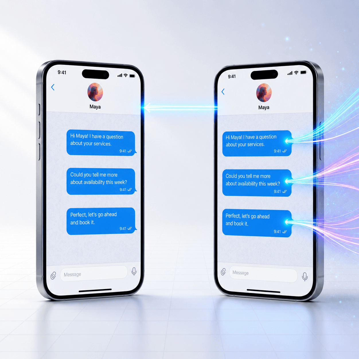 Two iPhone mockups side by side showing the same Telegram chat with a person named Maya — the left phone shows what the customer sees (an ordinary 1:1 conversation about booking a service), while the right phone reveals luminous AI fibers flowing into each outgoing message bubble. A bright beam of light connects the two phones at chat-header height, illustrating the business connection.
