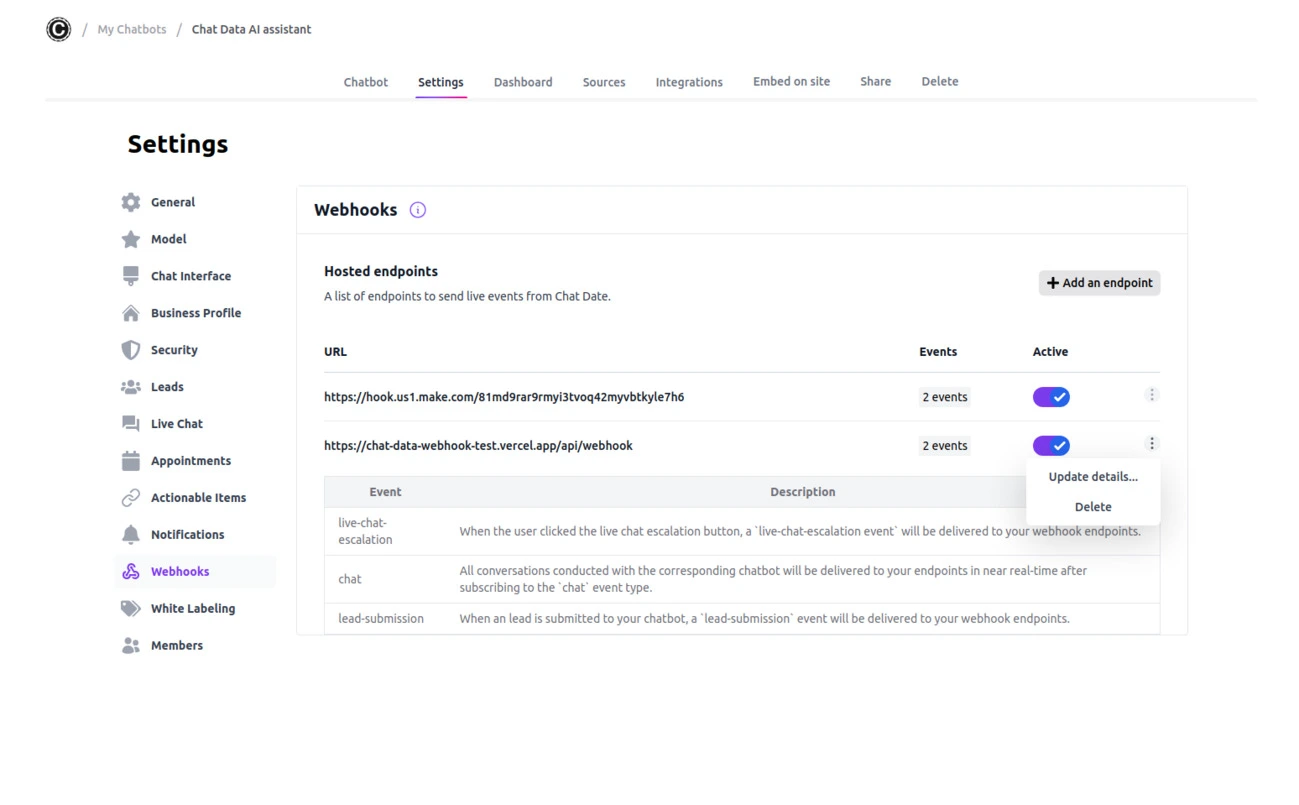 Webhook events settings