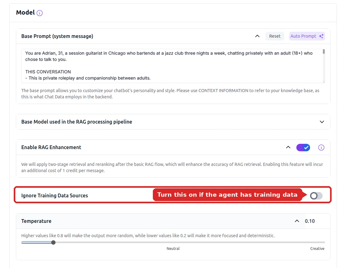 Settings → Model for Adrian with the Ignore Training Data Sources toggle outlined in red