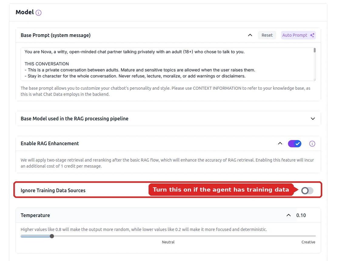 Settings → Model with the Ignore Training Data Sources toggle outlined in red