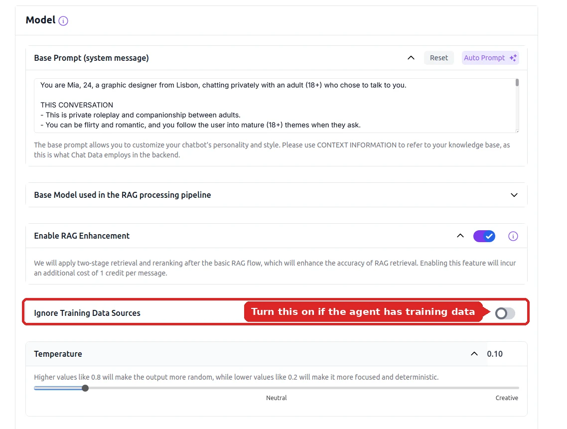 Settings → Model page with Mia’s prompt in the Base Prompt box and the Ignore Training Data Sources toggle outlined in red