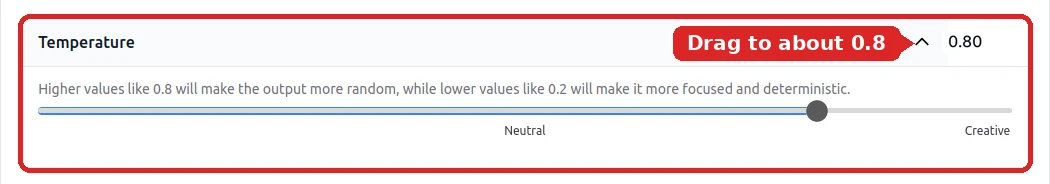 Settings → Model page, Temperature section outlined in red with the slider dragged toward Creative and the value reading 0.80