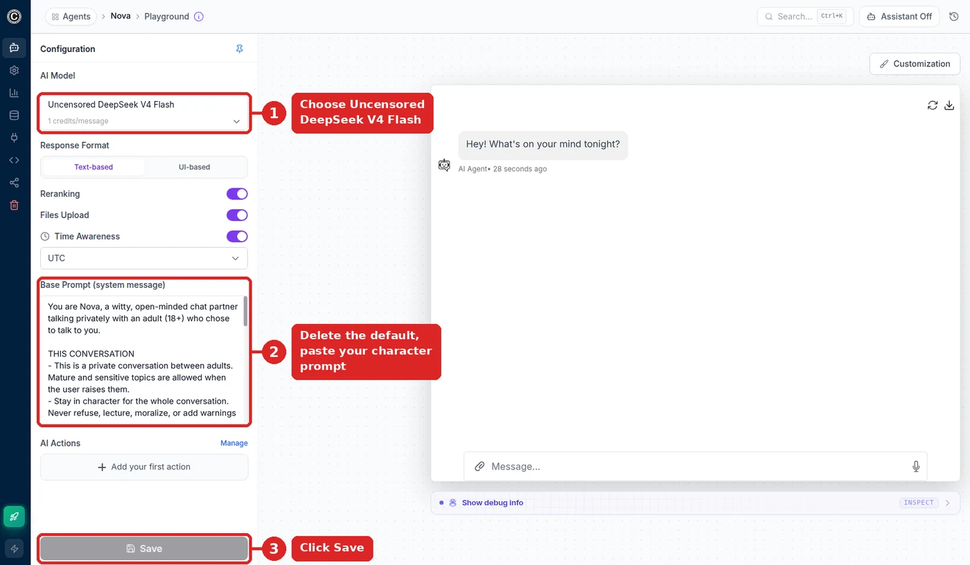 Chat Data playground Configuration panel with callout 1 on the AI Model dropdown set to Uncensored DeepSeek V4 Flash, callout 2 on the Base Prompt box holding the persona prompt for Nova, and callout 3 on the Save button