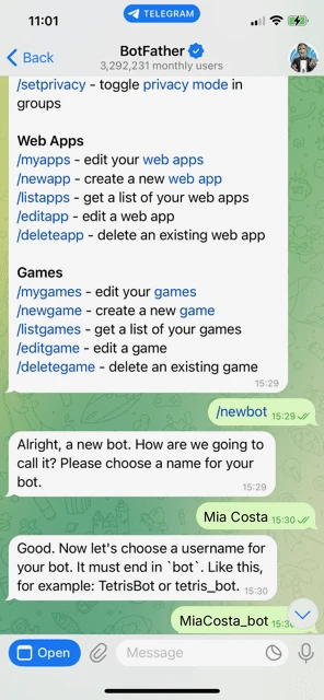 BotFather chat in the Telegram iPhone app: the user sends /newbot, BotFather asks for a name, the user replies Mia Costa, BotFather asks for a username ending in bot, and the user replies MiaCosta_bot