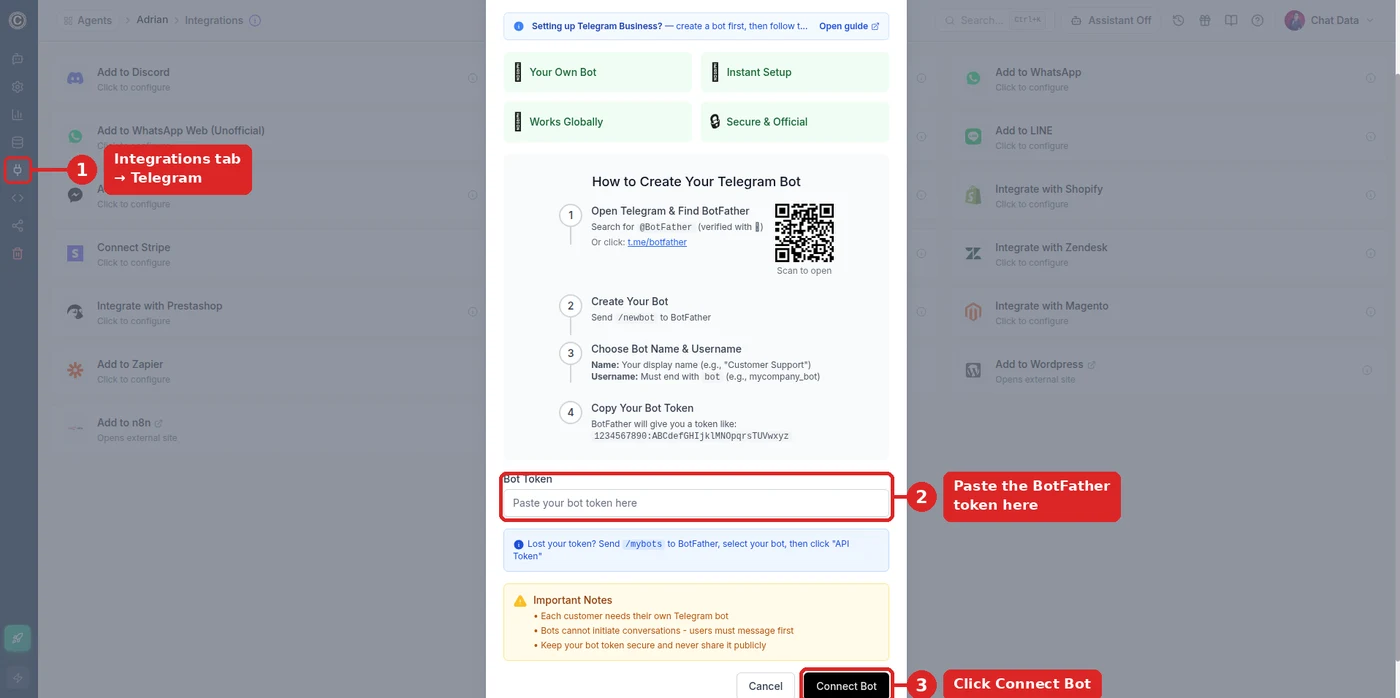 Telegram Integration dialog for Adrian’s bot with the Bot Token field and Connect Bot button outlined