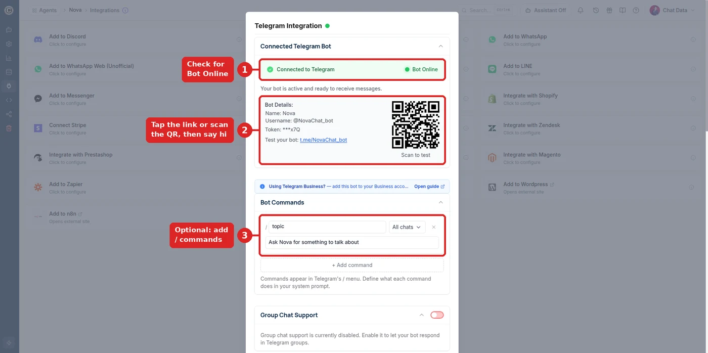 Telegram integration connected for an uncensored agent: Bot Online status, bot details with a t.me link and QR code, and an optional bot command