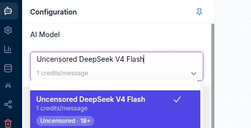Model selector with Uncensored DeepSeek V4 Flash selected, priced at 1 credit per message, with the Uncensored · 18+ badge