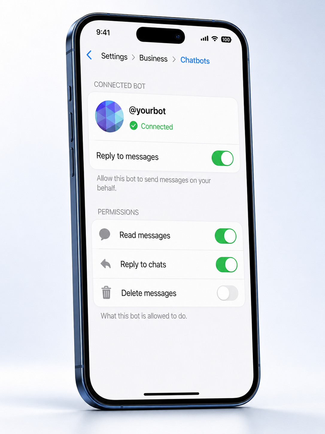 Telegram's Settings → Business → Chatbots screen with @yourbot connected, the Reply to messages toggle enabled, and a Permissions section listing Read messages (on), Reply to chats (on), Delete messages (off)